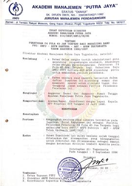 Surat Keputusan Direktur Akademi Manajemen Putra Jaya Nomor : 014/SKEP/AMPJ/IX/96 Tentang Penatar...
