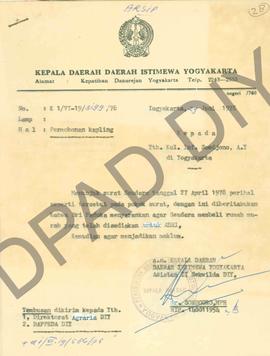 Surat dari Sujono Anton Yudateja Prawira eks Walikotamadya Yogyakarta kepada Kepala Daerah DIY te...