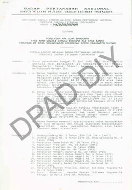 Surat Keputusan Kepala Kantor Wilayah Badan Pertanahan Nasional Provinsi DIY. No : 0011 /SK / HGB...
