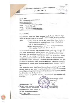Surat Setwilda Kodya Yogyakarta kepada Kepala BNI cabang Yogyakarta tentang pemilikan rumah di Ga...