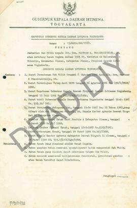 Surat Keputusan Gubernur Kepala DIY No. 13/KPTS/HM/1988 tentang pemberian hak milik kepada Drs. M...