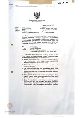 Surat dari Bawaslu untuk Ketua  Panwaslu Provinsi DIY perihal Rakornas Pengawasan Pemilu   2009.