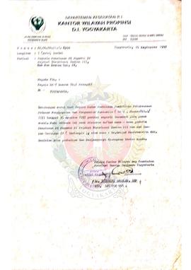 Surat dari Kepala Kantor Wilayah Departemen Kesehatan Provinsi Daerah Istimewa Yogyakarta kepada ...