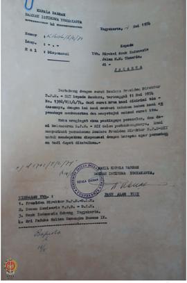 Surat Kepala Daerah Daerah Istimewa Yogyakarta Nomor K.1606/II/C/74 kepada Bank Indonesia perihal...