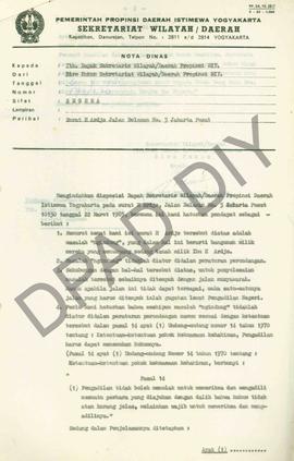 Nota Dinas surat dari Biro Hukum kepada Sekwilda DIY tentang surat dari H.Ardjo Jln. Belawan No :...