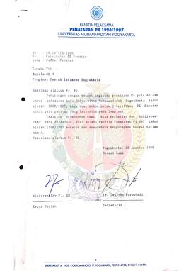 Surat dari Sekretaris I Panitia Pelaksana Penataran P-4 1996/1997 Universitas Muhammadiyah Yogyak...