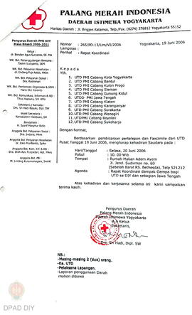 Surat No. 265/PD.13/Um/VI/2006 dari Pengurus Daerah PMI DIY perihal rapat koordinasi dampak gempa...