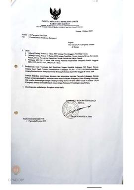 Surat dari Panwaslu Sleman kepada Ketua  Panwaslu Provinsi Daerah Istimewa Yogyakarta perihal pem...