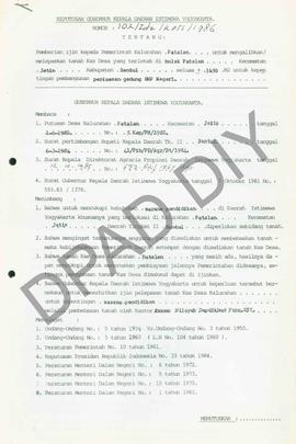 Surat Keputusan Gubernur DIY No. 102/Id2/KPTS/1986 tentang pemberian ijin kepada Pemerintah Kalur...