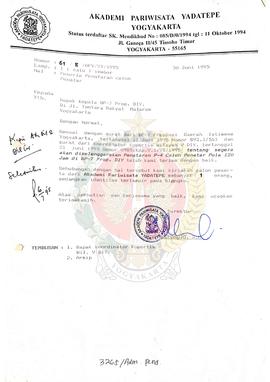Surat dari Direktur Akademi Pariwisata Yadatepe Yogyakarta kepada Kepala BP-7 Provinsi Daerah Ist...