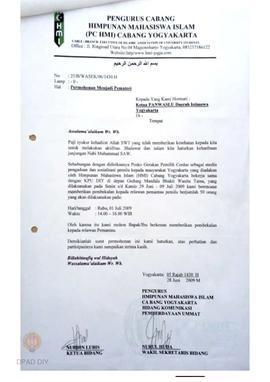 Surat dari PC HMI kepada Panwaslu tentang permohonan menjadi narasumber sosialisasi Pemilu  kepad...