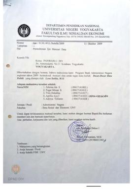 Surat dari Universitas Negeri Yogyakarta Fakultas Ilmu Sosial dan Ekonomi untuk Ketua  Panwaslu D...