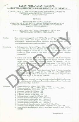 Surat Keputusan Kepala Kantor Wilayah Badan Pertanahan Nasional Provinsi DIY. No : 147/SK / HGB /...
