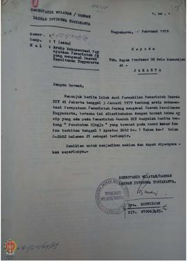 Surat dari Sekwilda DIY kepada Prof. Dr. Selo Sumardjan di Jakarta perihal arsip dokumentasi pern...