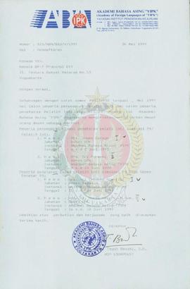 Surat dari Direktur Akademi Bahasa Asing Yogyakarta YIPK kepada Kepala BP-7 Provinsi Daerah Istim...