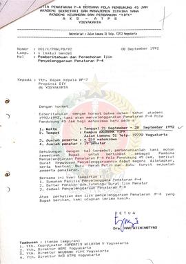 Surat dari Ketua Panitia Penataran P-4 bersama pola pendukung 45 Jam Akademi Sekretaris dan Manaj...