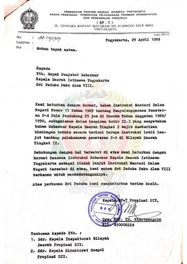 Surat dari Kepala BP-7 Provinsi  Daerah Istimewa Yogyakarta kepada Gubernur Kepala  Daerah Istime...