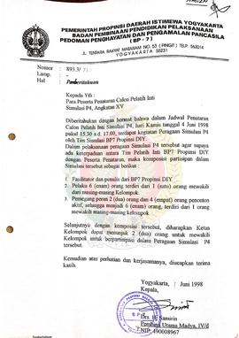 Surat dari Kepala BP-7 Pemerintah Provinsi Daerah Istimewa Yogyakarta kepada Para Peserta Penatar...