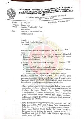 Surat dari Kepala BP-7 Provinsi Daerah Istimewa Yogyakarta kepada Kepala BP-7 Pusat perihal pembe...