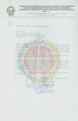 Surat dari Pemimpin Proyek BP-7 Daerah Istimewa Yogyakarta Drs.A.Ngadino kepada Pimpinan Wisma LP...