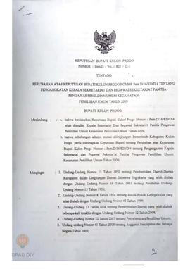 Keputusan Bupati Kulon Progo No : Pem.D / 52 / 820 / D.4 tentang Perubahan Atas Keputusan Bupati ...