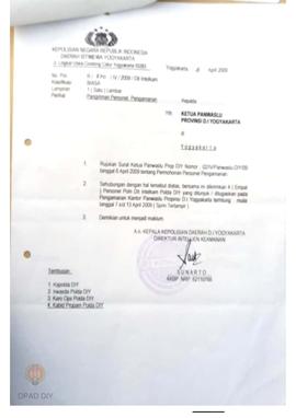 Surat dari Kepala Kepolisian Daerah DIY kepada Ketua  Panwaslu Provinsi DIY perihal pengiriman pe...