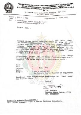 Surat dari Kepala BP-7 Provinsi Daerah Istimewa Yogyakarta kepada : - perihal permohonan untuk me...