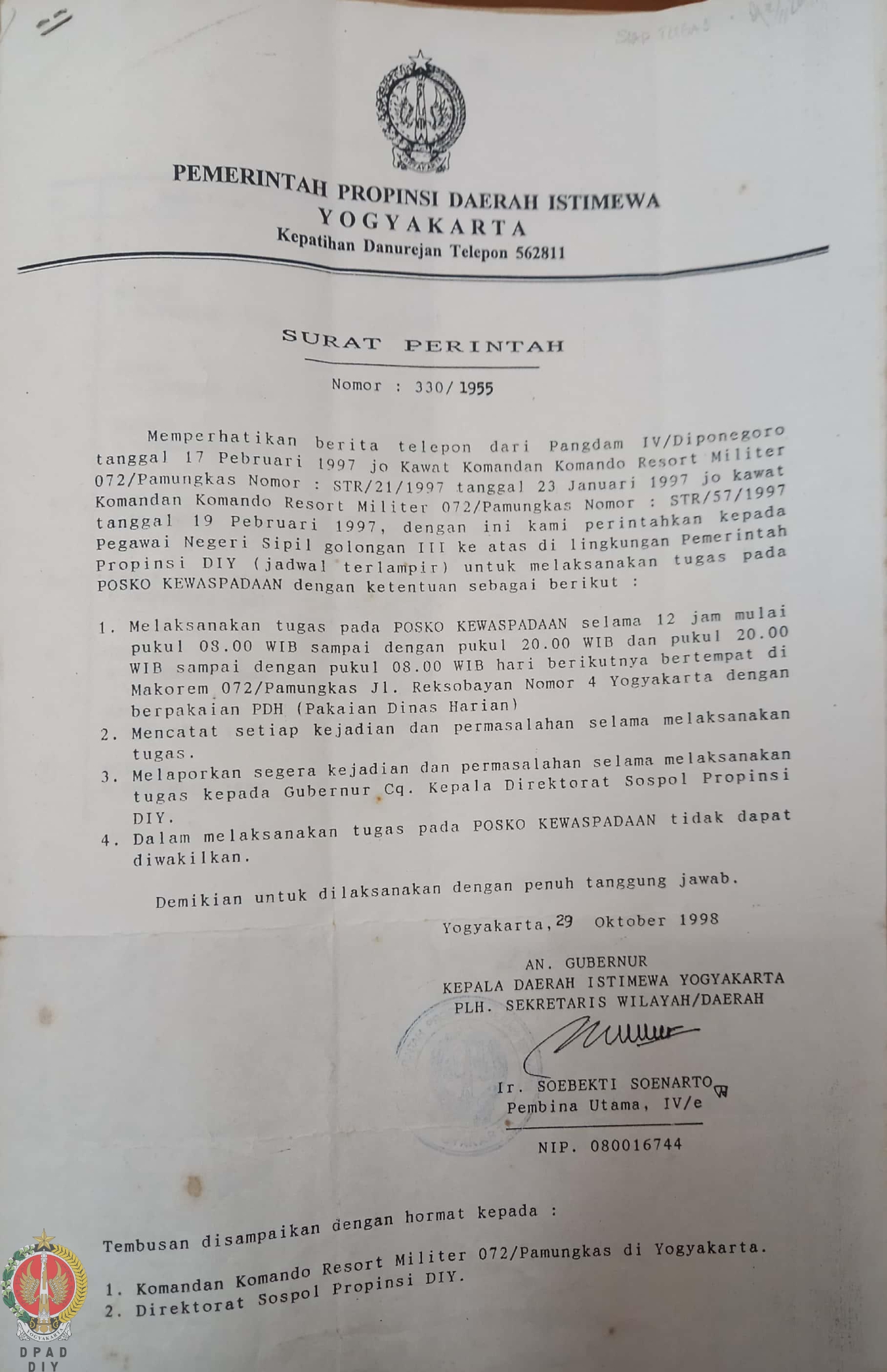 Surat Perintah Nomor: 330/1955 PLH/Pelaksana Harian Sekretaris Wilayah ...