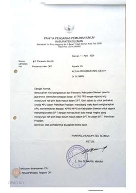 Surat dari Panwaslu Kabupaten Sleman perihal penyempurnaan DPT kepada KPPS-KPPS se-Kabupaten Sleman.