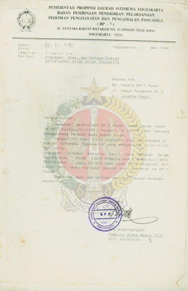 Surat dari Kepala BP-7 Provinsi Daerah Istimewa Yogyakarta kepada Kepala BP-7 Pusat Jakarta Pusat...