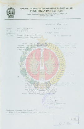 Berkas surat perihal penunjukan dan panggilan Mudjito dengan jabatan staf Sub bagian Umum BP-7 Pr...