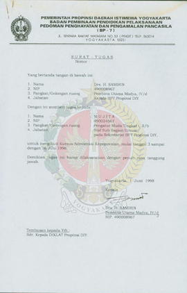 Berkas surat perihal penugasan Mujita dengan jabatan Staf Sub Bagian Umum pada Sekretariat BP-7 P...