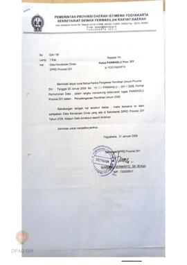 Surat dari Sekretaris DPRD Kota Yogyakarta kepada Ketua  Panwaslu Provinsi DIY tentang daftar pem...