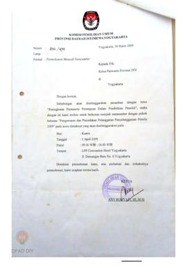 Surat Komisi Pemilihan Umum Provinsi DIY kepada Ketua  Panwaslu DIY tentang permohonan menjadi na...