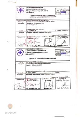 Surat otorisasi/bukti pembayaran untuk biaya operasional workshop PMI Cabang Klaten pasca gempa b...