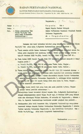 Surat Kepala  Kantor Pertanahan Kodya Yogyakarta, Drs. Supartawidjaja, kepada Kepala  Kantor Wila...