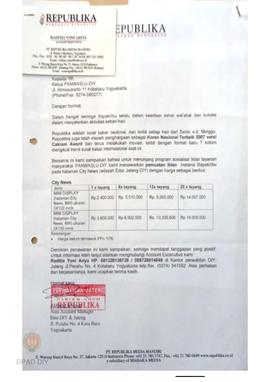 Surat  dari Republikasi Pegangan Kebenaran kepada Panwaslu DIY tentang penawaran iklan.