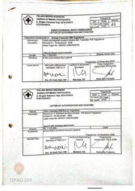 Surat otorisasi/bukti pembayaran bidang transleter PMI Yogyakarta periode 16-30 November 2006 dan...