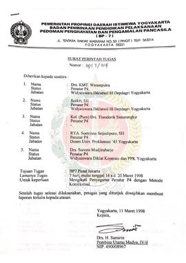 Bendel Surat Perintah Tugas dari Kepala BP-7 Yogyakarta yang diberikan kepada Drs.KMT.Wiraseputra...