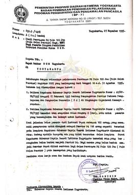 Surat dari Pelaksana Harian (PLH) Kepala BP-7 Provinsi Daerah Istimewa Yogyakarta kepada Rektor U...