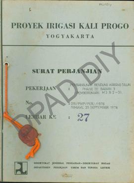 Surat Perjanjian Pemborongan Nomor: 015/PIKP/perj/1978, Pekerjaan Pembangunan Bendung Karang Talu...