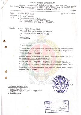 Surat dari Akademi Pertanian Yogyakarta (APTA) Jurusan Produksi Pertanian kepada Kepala BP-7 Prov...