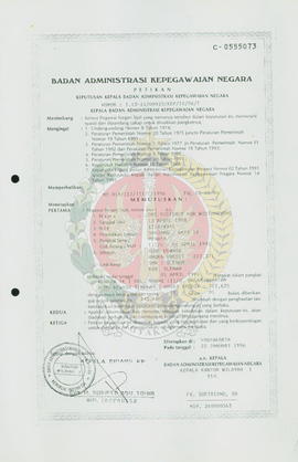 Petikan Keputusan Kepala Badan Administrasi Kepegawaian Negara nomor: 1.13-11/00010/KEP/IV/96/T m...