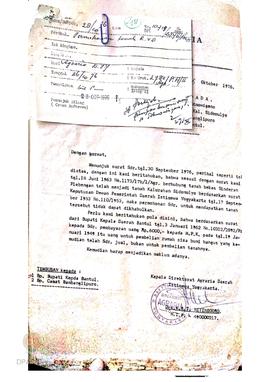 Surat dari Kepala Direktorat Agraria DIY No. 2750/ P.H/ II/ Agr. tanggal   26 Oktober 1976 kepada...