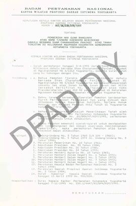 Surat Keputusan Kepala Kantor Wilayah Badan Pertanahan Nasional Provinsi DIY. No :  007 /SK / HGB...