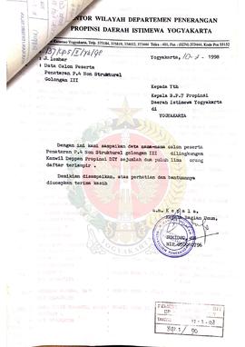 Surat dari Kepala Bagian Umum atas nama Kepala Kantor Wilayah Departemen Penerangan Daerah Istime...