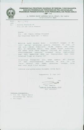 Berkas surat perihal konfirmasi dari Kepala  Badan Pembina Pendidikan Pelaksanaan Pedoman Penghay...