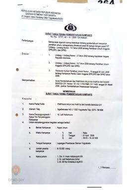 Surat dari Polda Daerah Istimewa Yogyakarta kepada Pimpinan Wilayah Partai Matahari Bangsa Daerah...