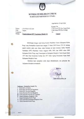 Surat dari KPU Kabupaten Bengkulu Utara perihal Pemberitahuan DPT Pemilu   anggota DPR, DPD dan D...