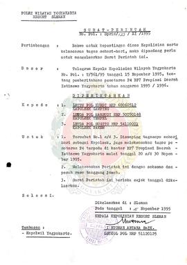 Surat Perintah No: Sprin/133/XI/1995 dari Kepala Kepolisian Resort Sleman kepada Lettu Pol Kurdi,...